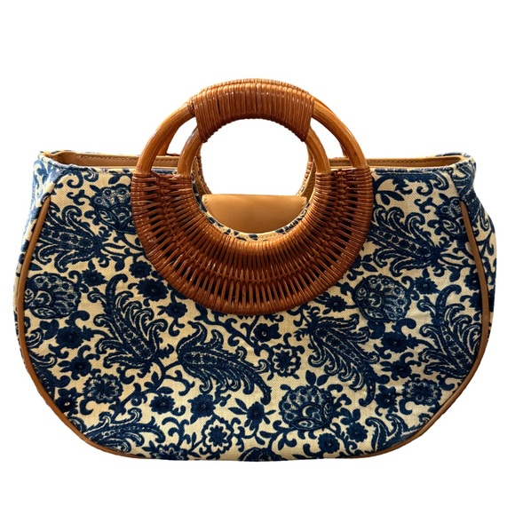 Paradox Handbags - Vintage Paradox Blue Toile Top Handle Handbag Bamboo Rattan Handles Coastal